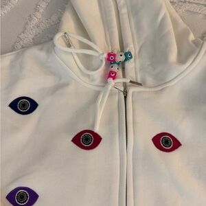 Lola + The Boys White Hoodie and sweat pants with Colorful Eye Accents